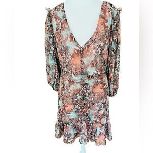 Sugar + Lips Snakeskin print v neck button front, ruffle bottom & sleeves, sz M.